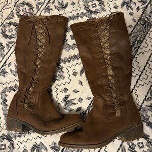 Brown Lace-Up Knee-High Boots